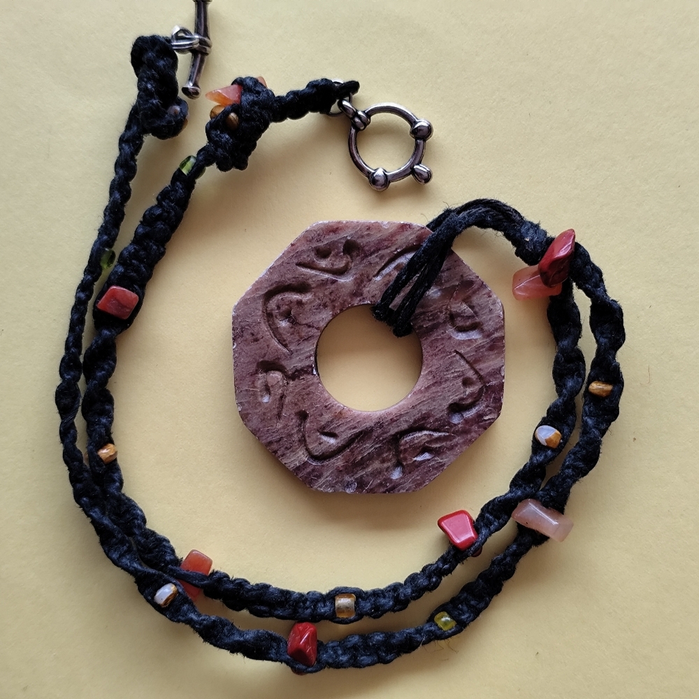 Handcrafted macrame necklace with hexagonal stone pendant